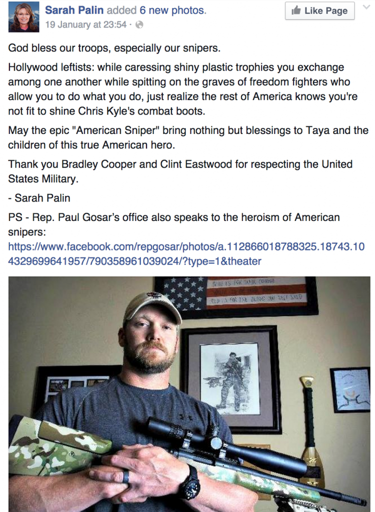 Post FB de Sarah Palin à propos du film American sniper